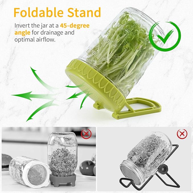 Happyiren 4-Pack Sprouting Lids for Wide-Mouth Mason Jars, BPA-Free One-Piece Design with Stand for Seed Germination, Ideal for Bean and Alfalfa Sprouts