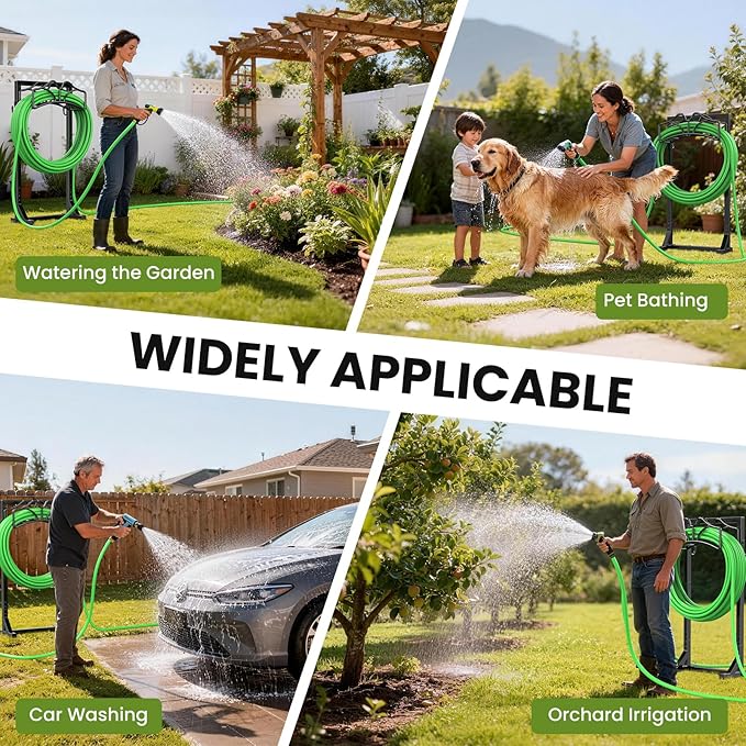 Garden Hose Holder Stand, Freestanding Heavy Duty Metal Organizer with Tool Hooks, Holds up to 150FT Hose, Easy Assembly, No Drilling, for Yard, Lawn, Garden, Patio & Backyard (Black-European)
