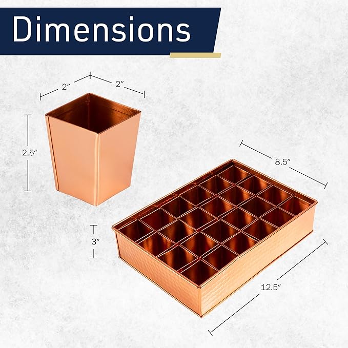Kings County Tools Seed Starter Tray - Copper Metal Seedling Tray with 24 Tapered Plant Starter Pots for Planting Seeds-Germination Kit for Sprouting - Greenhouse Accessories and Gardening Gifts