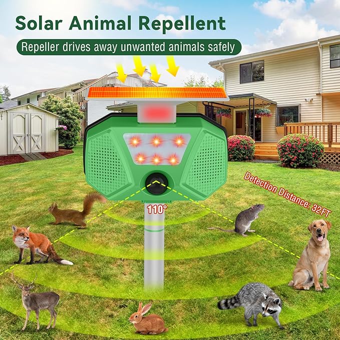 Solar Ultrasonic Animal Repeller, Cat Repellent Outdoor with Motion Sensor, LED Flashing, Waterproof Deer Repellent for Dogs, Cat, Bird, Squirrels, Raccoon, Rabbit, Fox