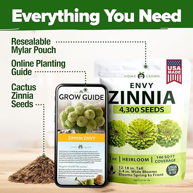 HOME GROWN Envy Zinnia Seeds (1g) – 4300 Rare Lime Green Annual Zinnia Flower Seeds for Planting, Fast-Growing Bulk Variety, Premium Herb Seeds Garden Companion for 2026 Blooms (Zinnia elegans)