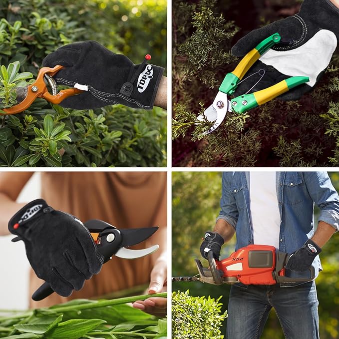 TOPDC 2 Pairs Leather Work Gloves for Men or Women, Cowhide Leather Gloves for Gardening, Tig/Mig Welding, Chainsaw, Farm, Ranch, Reinforced Palm, Adjustable Cuff, Cotton Lining, Firm Grip & Durable