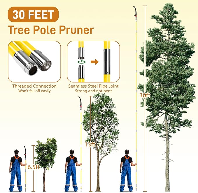 30FT Pole Pruning Saw, Manual Pole Saw Long Handle Pruner Set, Telescopic Tree Trimmers Garden Tools with Sharp Blade, Scissors, Carry Bag for Pruning Palms and Shrubs High Branches, Yellow