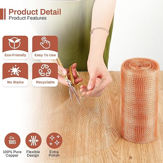 Gisafai 8" x 100 ft Copper Mesh Rodent Control Copper Wool for Slugs Rustproof DIY Hole Filler Pure Wire Mesh for Bat Snail Bird Pest Rodent Control Gap Blocker Fill Fabric Hole Blocking Gardening
