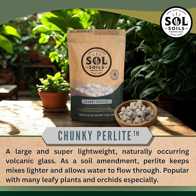 Sol Soils Chunky Perlite for Plants - Lightweight, All-Natural Volcanic Glass Soil Amendment to Improve Drainage & Aeration – 1 Quart