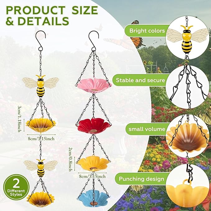 Tandefio 2 Pack Hanging Bee Watering Station for Outdoor Garden, Butterfly Feeder with Flower Bowl, Pollinator Feeding Station for Yard Patio, Bee Bath for Gardeners(Bees & Flower Style)