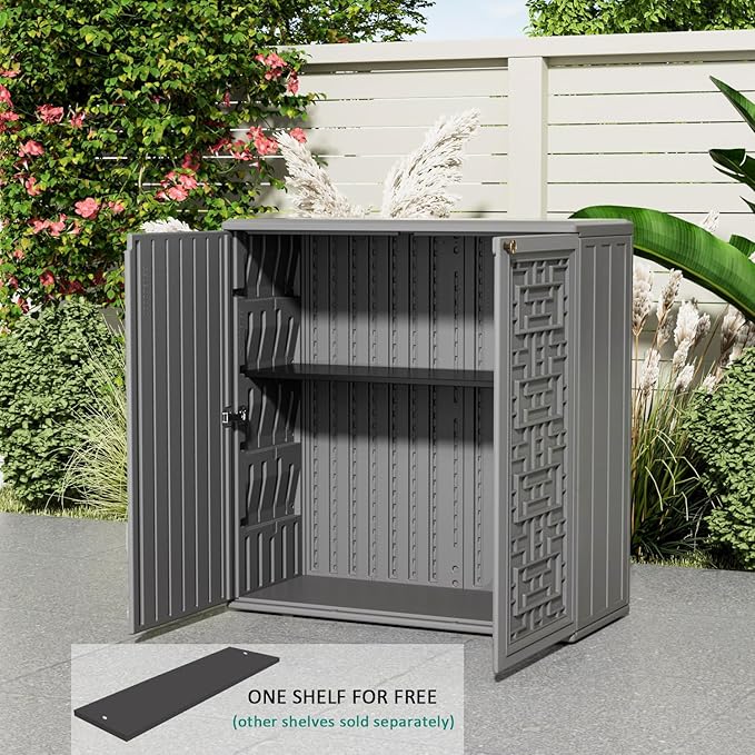 KINYING Outdoor Storage Cabinet Waterproof, Resin 62 Gallon Deck Box for Patio Furniture Cushions, Garden Tools, Pool Tools and Kids’ Toys (Grey with 1 Shelving)
