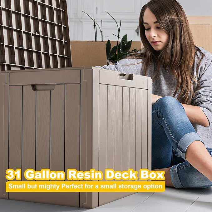 PatioZen 30 Gallon Deck Box,Resin Outdoor Storage Box with Lockable for Patio Furniture, Garden Tools Waterproof Outside Storage Box, Grey