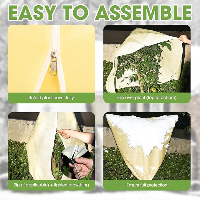 12 Pcs Plant Covers Freeze Protection, 2.82oz/yd² Heavy Duty Frost Cloths 19.6x39.3 Inch with Drawstring, Reusable Winter Shrub Cover for Outdoor Rose Bush, Potted Plants