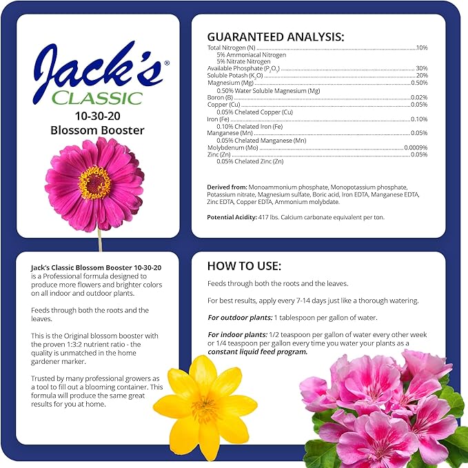 Jack's Classic 10-30-20 Blossom Booster Water-Soluble Fertilizer with Micronutrients for Increasing Color and Quantity of Blooms in Flowering Plants, 10lbs