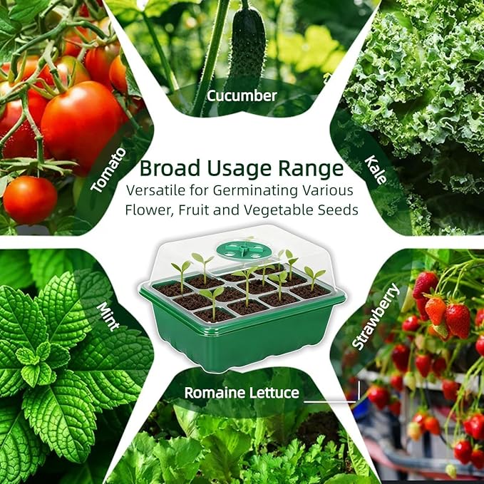 10 Pack Seed Starter Kit, 120 Cells Thickened Seed Trays with Humidity Dome, Base & Gardening Tools, Mini Greenhouse Germination Kit for Indoor Outdoor Vegetable Flower Growing