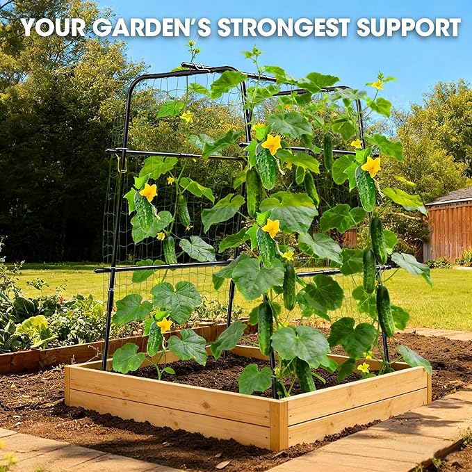 Cucumber Trellis for Raised Bed and Garden, 47" H x 31" W U-Shaped Metal Garden Trellis for Climbing Plants with Nylon Netting, Vegetable Support Frame