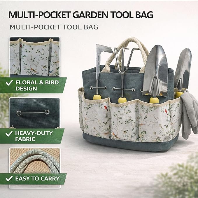 Garden Tool Set, 11-Piece Heavy-Duty Stainless Steel Hand Tools with Ergonomic Non-Slip Handles, Floral Tote Bag, Gloves, Spray Bottle and Repotting Mat, Gardening Gift for Women