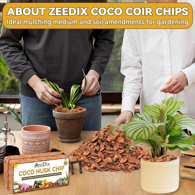 Zeedix 8 Pack Coco Husk Chips for Plants, 100% Organic Coconut Chips Mulch with Low EC & PH Balance, All Purpose for Indoor Plant Flowers Herbs Vegetables, Reptiles Terrarium Tanks Substrate(8.8LB)