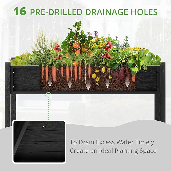 LUE BONA Raised Garden Bed with Tools, 45*18*29 in, Poly Elevated Planter Box with Legs And Storage Shelf, Weather Resistant, 3-Year Warranty, Standing Growing Bed Herb Planter for Vegetable, Black
