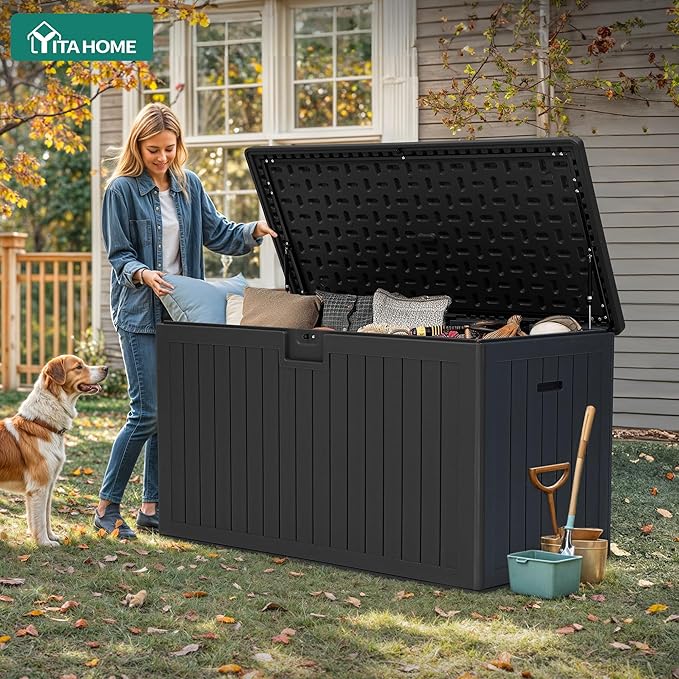 YITAHOME 220 Gallon Double-Wall Deck Box with Divider & Side Handles, Outdoor Large Storage for Patio Furniture Cushions, Garden Pool Accessories, Water Resistant & Lockable(Black)