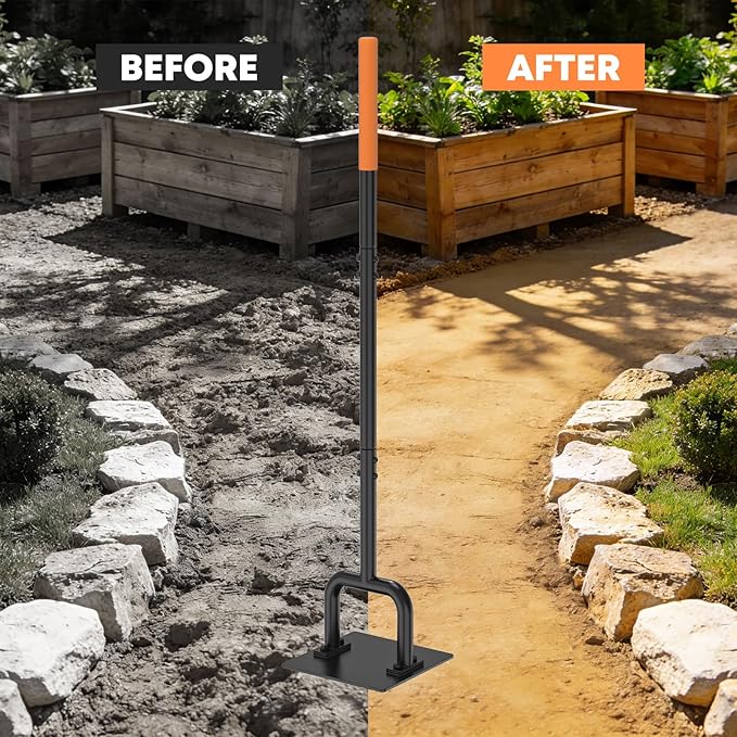 48" Newly Upgraded 10"x10" Steel Tamper Tool, Heavy-Duty Reinforced Gardening Hand Tools with 10 Inch Rubber Grip for Earth Soil Asphalt, Gravel and Dirt Compaction Levelling Paver Tool Compactor