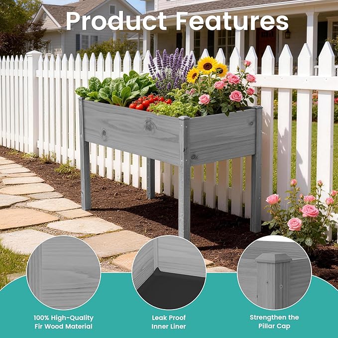 SUNYRISY Wooden Raised Garden Bed Outdoor with Legs for Gardening, 45.6" L x 23.6" W x 31.5" H Elevated Planter Garden Box Raised Bed for Planting Vegetable Flower Herb, Gray