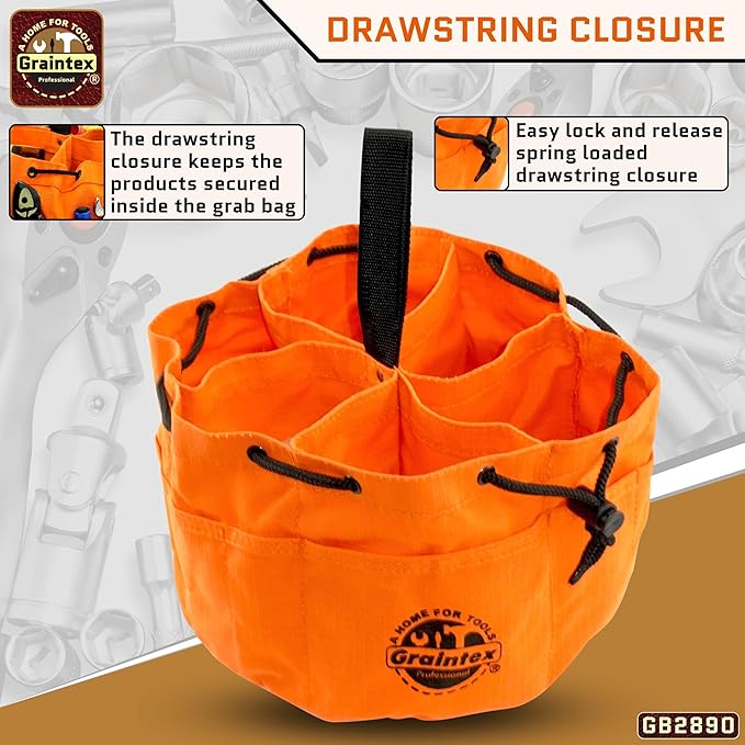 Graintex 18 Pockets Grab Bag Rip-stop Canvas Drawstring Closure, Small Part Organizer Pouch, Small Tools, Screws, Parts, Parachute Tool Bag for Efficient Storage - Orange