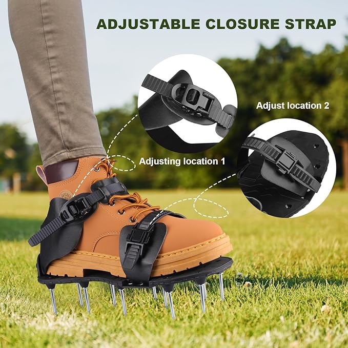Lawn Aerator Shoes Heavy-Duty Spiked Sandals with Stainless Steel Spikes, Adjustable Loop Straps for Grass Aeration on Patio, Yard, Garden – Black