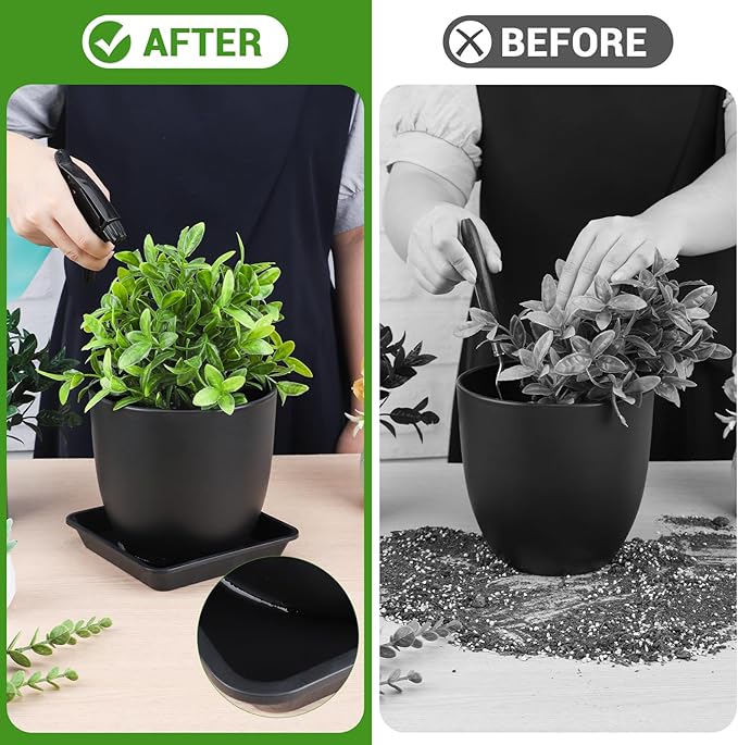 GREANER 8 Inch Humidity Tray, Black 6 PCS Plant Pot Drainage Tray, Indoor Plant Trays for Pots, Drip Trays for Potted Plants, Plastic Plant Trays for Pots, Seed Starter Growing Tray
