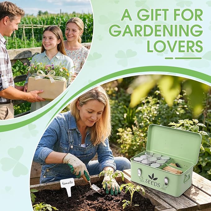 Seed Storage Organizer, Metal Garden Seed Storage Box Kit with 18 Wide-Mouth Vials, 30 Plant Tags, 30 Envelopes, 500 Labels and 1 Marker, for Garden Flower Plants