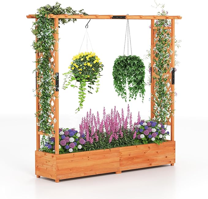 HAPPYGRILL Raised Garden Bed with Trellis, Freestanding Wood Planter Box w/Hanging Roof & Drainage Holes for Vine, Climbing Plants, Flowers, Outdoor Planter with Trellis for Garden, Patio, Yard (1)