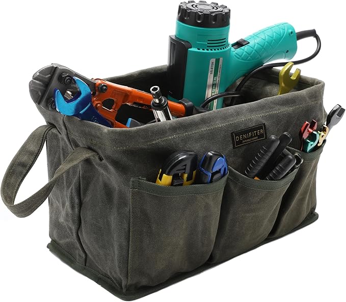 Tool Bag for Organizing, Waxed Canvas Wide Open Top Tool Tote Bag with 6 External Pockets, 13.8 x 7.8 x 7.8 Inches 3-Pack (ArmyGreen)