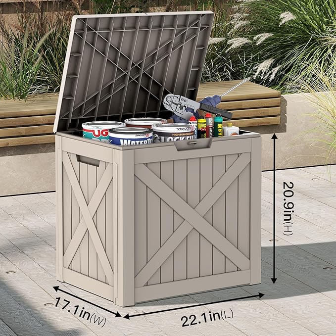 Mars Villa 31 Gallon Barn Style Deck Box, Outdoor Storage Box Waterproof, Lockable Lid, Weatherproof and UV Resistant Resin Storage Bin for Patio Furniture Cushion, Pool Supply, Garden Tool, Greige