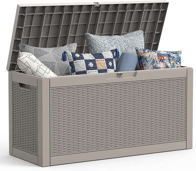 Mars Villa 60 Gallon Deck Box, Waterproof Resin Storage Bin with Lockable Lid, Weatherproof and UV Resistant, for Outdoor Patio Furniture Cushions, Pool Supplies, Garden Tools, Greige