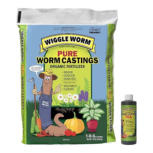 Fertilizer Combo Pack – 15lb Pure Worm Castings Fertilizer and Soil Amendment and 8oz Worm Casting Tea Concentrate for Indoor and Outdoor Gardening