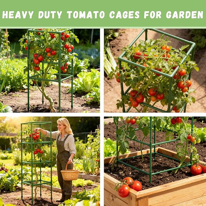 Riare 4 Pack Square Tomato Cages for Garden Plant Support- 45 Inch Heavy Duty Tomato Cage Garden Stakes Tomato Trellis for Climbing Plants Vegetables Flowers Outdoor Indoor