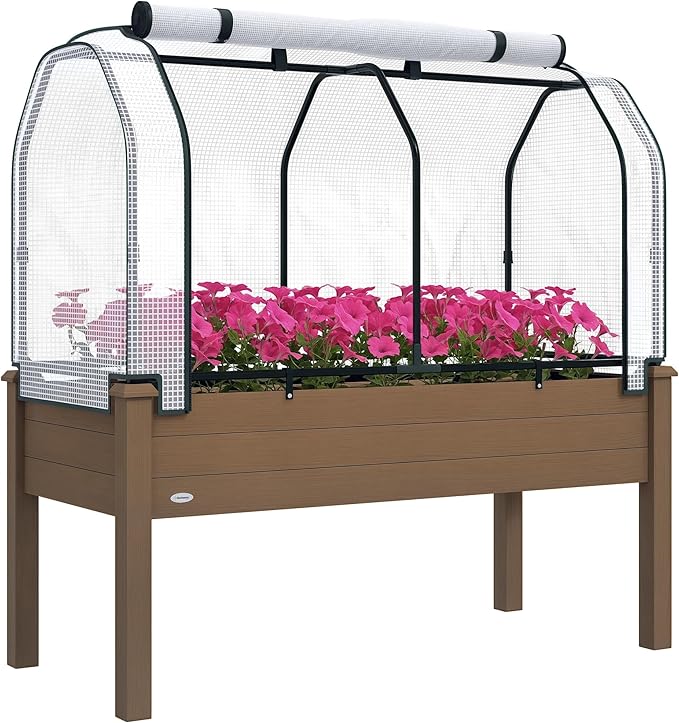 Outsunny Raised Garden Bed with PE Greenhouse Cover Outdoor Elevated Wood Planter Box for Herbs and Vegetables, Use for Patio, Backyard, Balcony, 48 x 22 x 46 inch, Brown