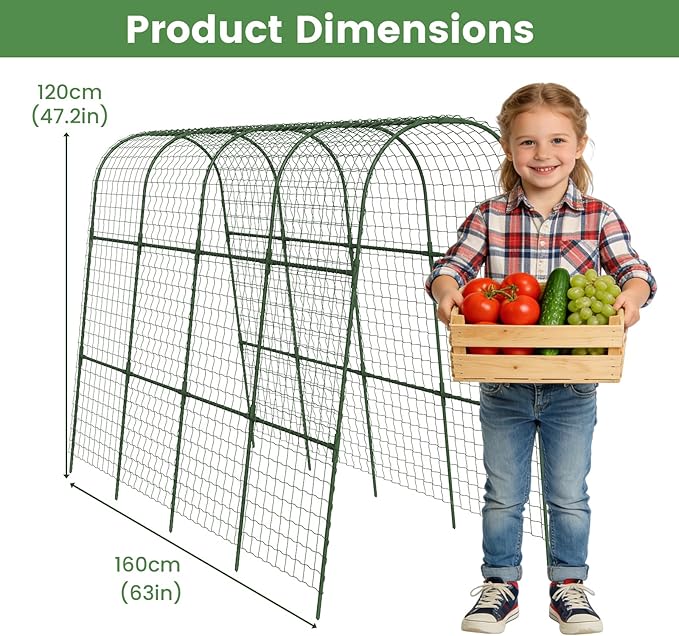 Cucumber Trellis, Metal Garden Arch Trellis for Raised Bed, 63 x 48inch U-Shape Garden Trellis for Climbing Plants Outdoor, Vegetables Fruit Plant Support with Netting, Gardening Supplies (Green)