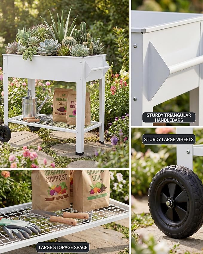 Garvee Elevate 39" Raised Garden Bed with Wheels & Storage Shelf, 400 Lbs Capacity, Anti-Rust Steel Planter Box for Vegetables & Herbs, Patio/Balcony/Backyard
