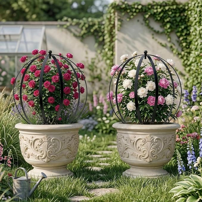 2 PCS Metal Garden Round Trellis for Climbing Plants, Large Black Powder Coated Obelisk for Roses, Vines, Flowers, Patio Doorway Garden Decor Indoor Outdoor, Easy Assembly (18.5" x 15'')