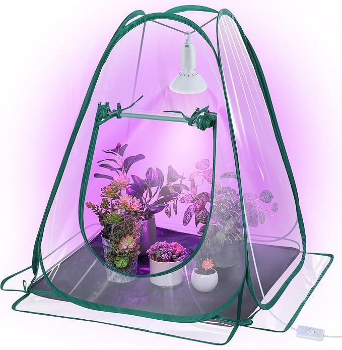 Meonum Small Greenhouse for Indoor Outdoor, Pop Up Mini Greenhouse with 10W 200 LED Grow Light Bulbs, Waterproof Bottom Mat for Indoor Outdoor Plants Seed Starting(27" x 27" x 30")