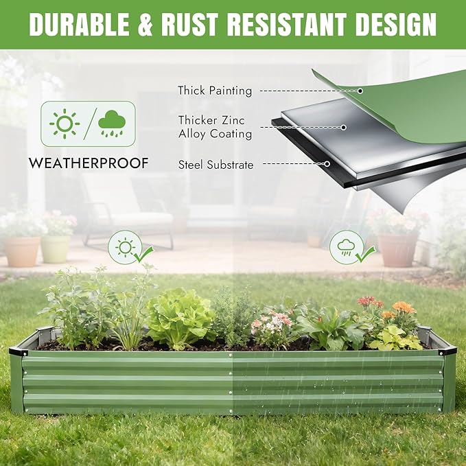 INNO STAGE Galvanized Raised Garden Bed Kits, 8x2x1ft Metal Raised Garden Beds Outdoor, Large Steel Raised Planter Bed with Gloves for Vegetables & Flowers Patio Ground Planter Box(Olive Green, 2PCS)