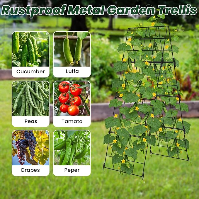 Adjustable A-Frame Trellis for Climbing Plants Outdoor, 48"x16" Cucumber Trellis for Raised Bed, Metal Garden Trellis with Grid Design, Tomato, Grape, Bean, Pea, Squash, Vegetable Trellis (Black)