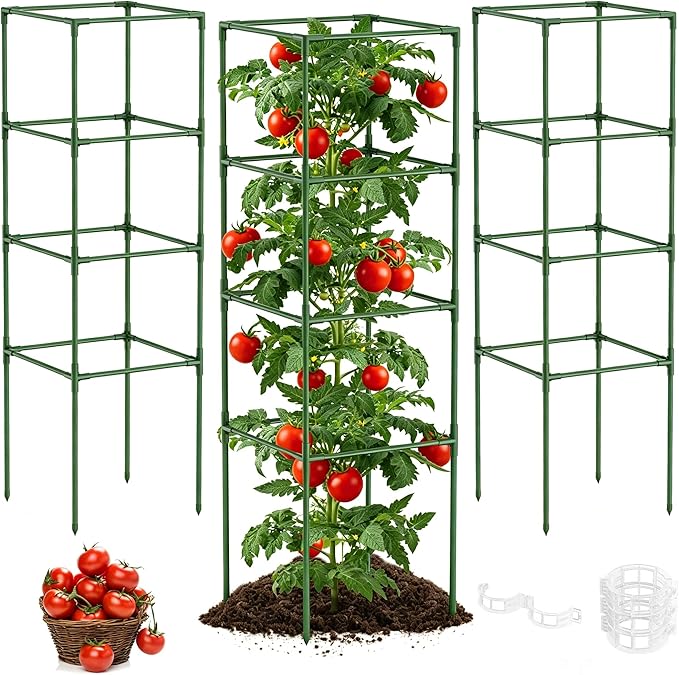 Unves 3 Pack Tomato Cage for Garden, 11.8" W x 53" H Square Tomato Trellis Plant Support Frame with 50 Pcs Plant Clips, Suitable for Climbing Vegetables, Flowers, and Fruits