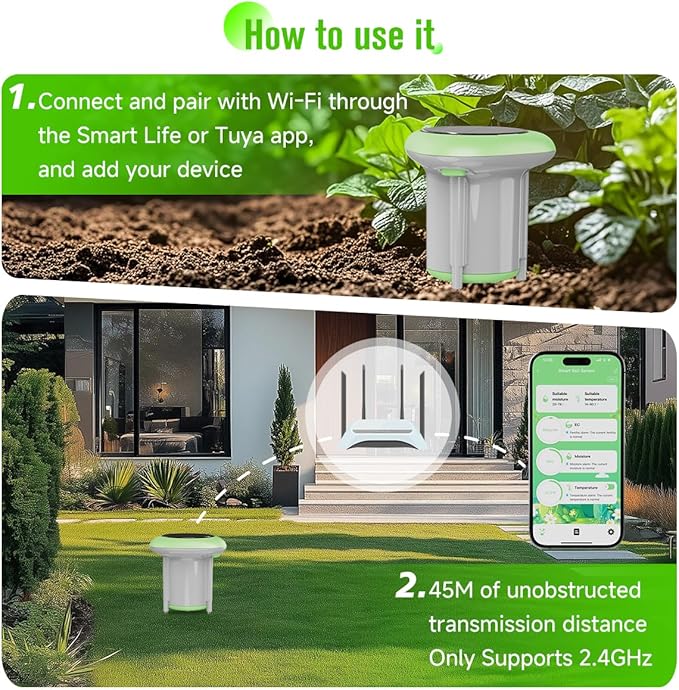 Smart 3-in-1 Soil Moisture/Temperature/Fertility Meter for Plant, Soil Test Kit for Garden/Farming/Lawn, GreenVation Digital Soil Sensor with Tuya/Smart Life APP Push Notification