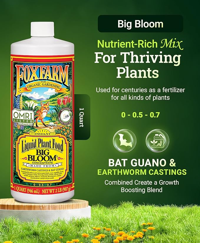 Fox Farm Big Bloom Liquid Plant Food - Organic Bloom Fertilizer for Flowering & Fruiting Plants, Contains Earthworm Castings & Bat Guano - Supports All Stages of Plant Growth - 0-0.5-0.7 NPK, 1 Quart
