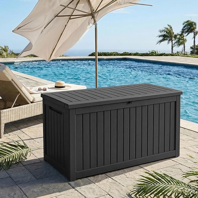 280 Gallon Outdoor Storage Deck Box Waterproof Resin Lockable Outside Bench Porch Patio Furniture Pool Float Garden Tool Cushion UV Resistant Bin Black