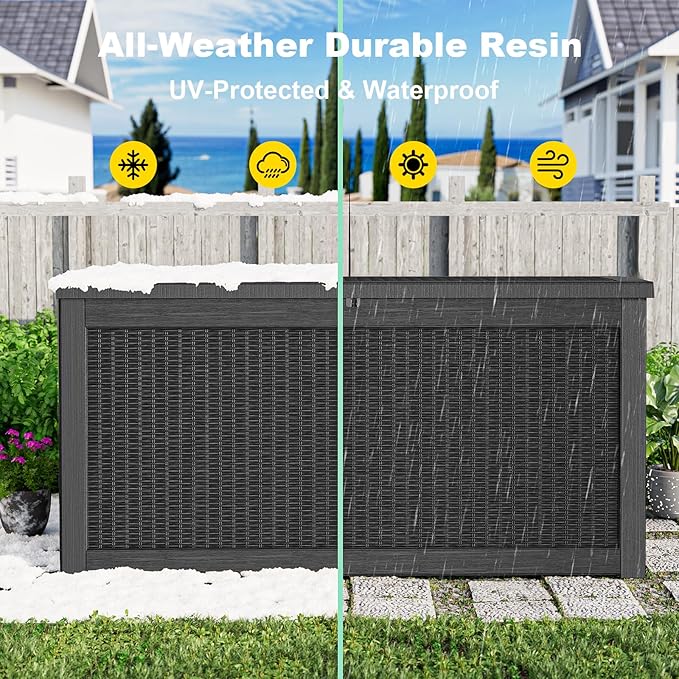ROJIK 320 Gallon Waterproof Outdoor Deck Storage Box, Lockable Resin Patio Storage Bin with Lid for Garden Tools, Patio Cushions & Outdoor Accessories(Black)