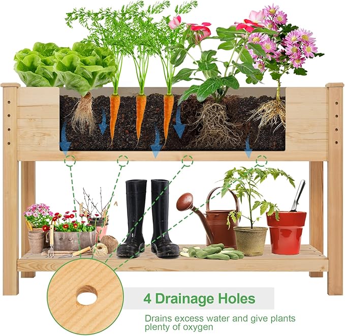 GARFANS Raised Garden Bed Wood Planter Box with Storage Shelf for Vegetable Flower Herb Raised Planter Box with Legs Outdoor Elevated Garden Bed Kit Grow Box for Garden Backyard Patio