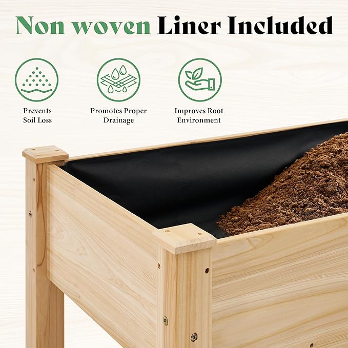 AMERLIFE Raised Garden Bed, 72x24x30 Inches Elevated Wood Planter Box with Bed Liner, Legs, Divider, Drainage Holes, Stand for Backyard, Patio, 300 Lb Capacity - Light Wood