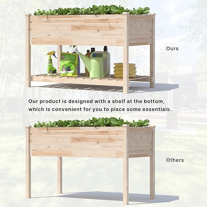Gotland 2pcs Raised Garden Bed with Legs, Raised Beds for Gardening with Storage Shelf Bed Liner Drainage Holes, Wooden Planter Raised Beds, Raised Planter Box Backyard, Patio, Balcony, Natural