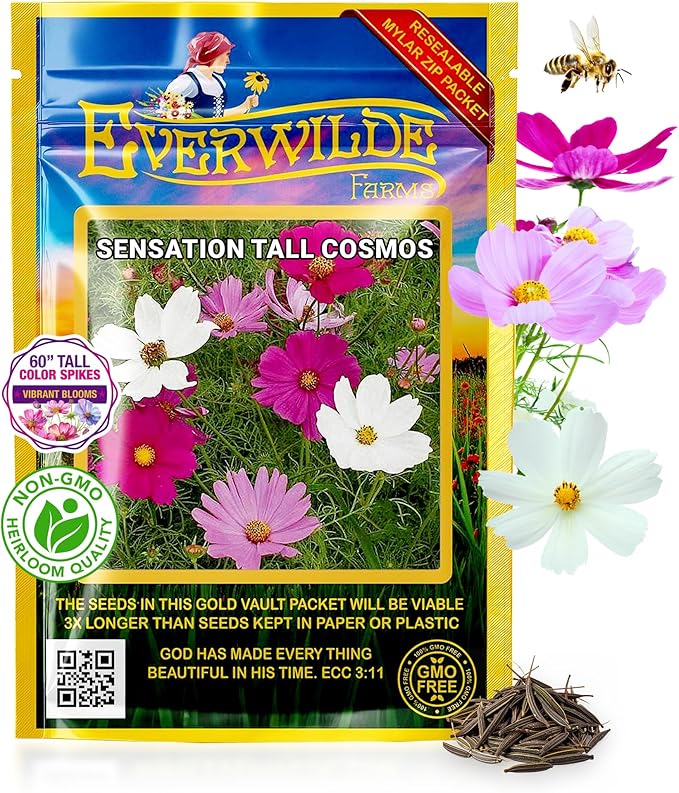 Everwilde Sensation Tall Cosmos Seeds 1 Oz Mylar 5,400 Seeds – Easy to Grow Annual Wildflowers – High Germination & Attracts Pollinators – Great for Gardens, Pots & Bouquets – XL Packet