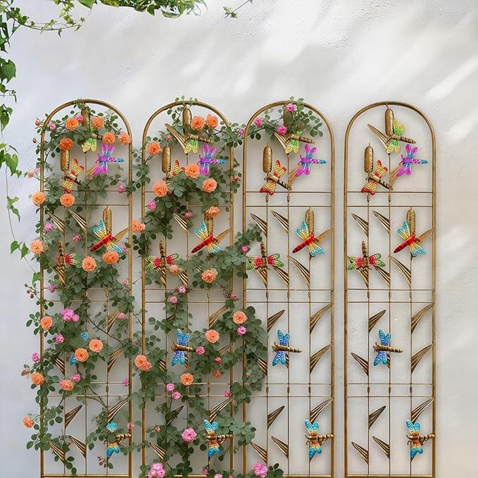 4 Pack Metal Garden Trellis with Colorful Dragonfly Outdoor Decoration Arched Fence Trellis for Climbing Plants for Patio, Backyard