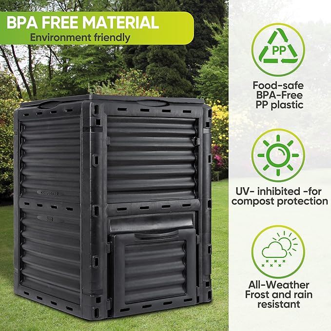 JupiterForce Garden Compost Bin 80 Gallon (300 L) from BPA Free Material, Large Composting Bin Outdoor Composter with Gloves, Easy Assembling, Fast Creation of Fertile Soil, Lightweight, Black